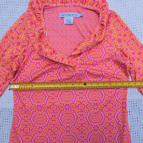 Gretchen Scott Pink & Orange Ruffneck Shift Dress Size L Knee Length 3/4 Sleeve - Picture 4 of 8